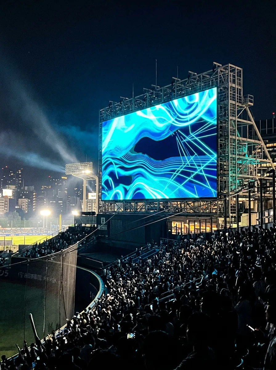 夜のスタジアムで発光する巨大なLEDスコアボード